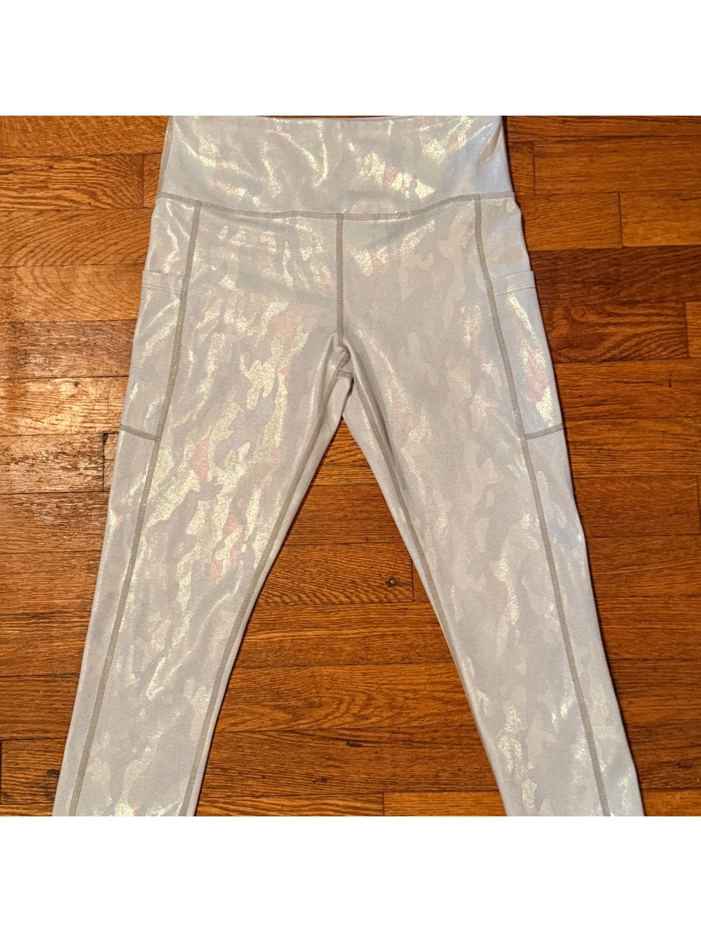 Zyia  white Iridescent High-Waisted Leggings with Side Pockets